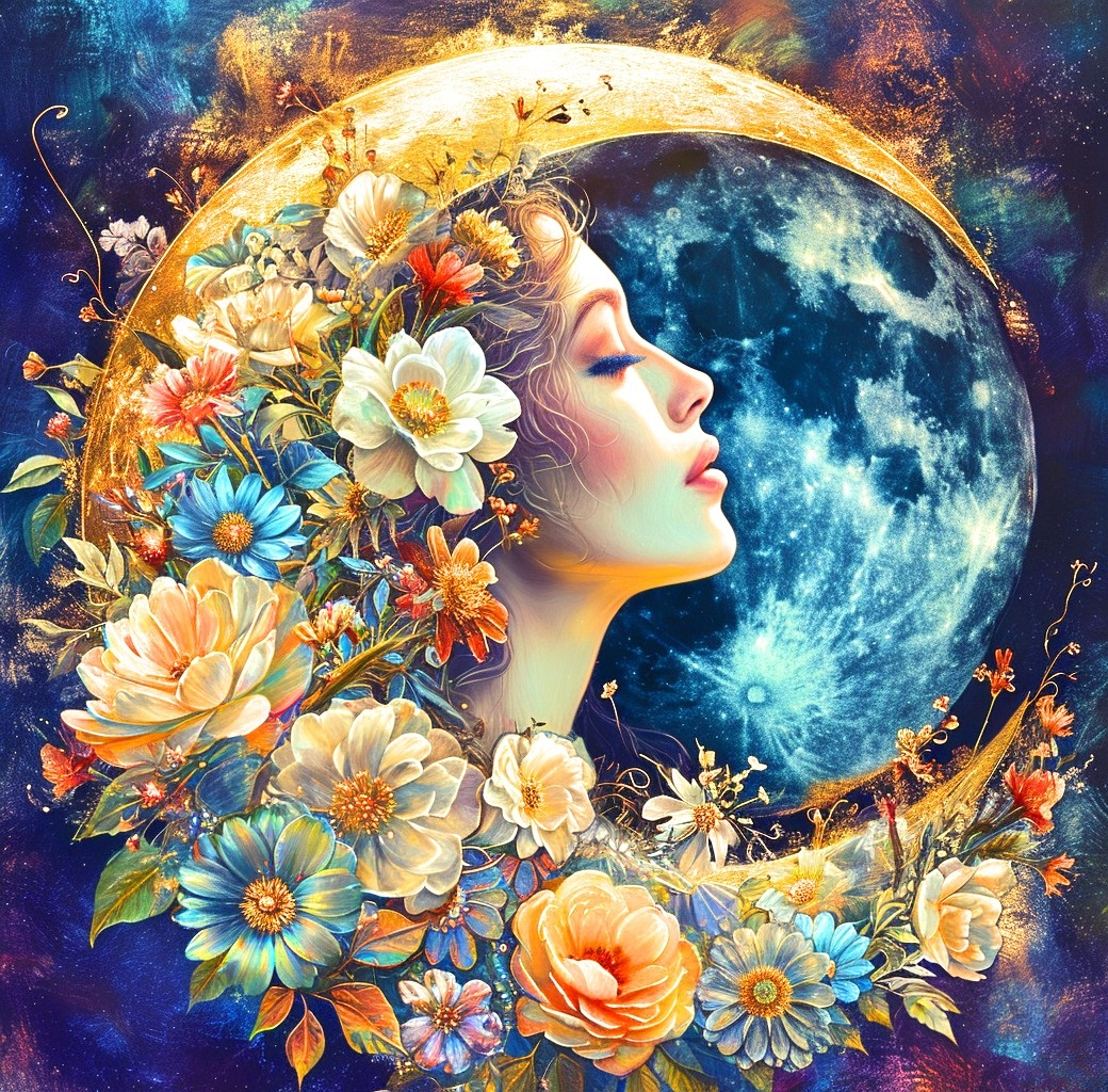 Crescent Moon Woman And Flowers Diamond Art Kit
