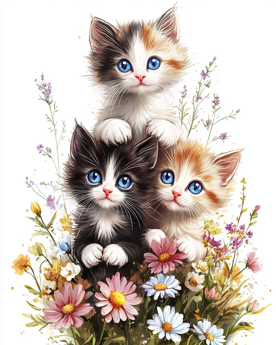Three Kittens In Flowers Diamond Art Kit