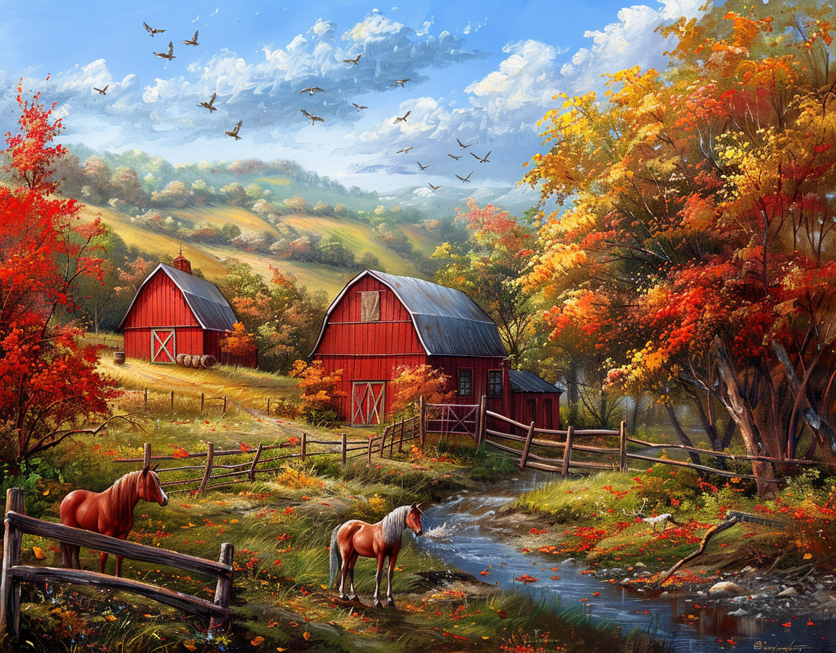 Two Horses Two Red Barns Diamond Art Kit