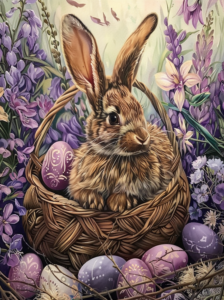 Purple Flower Eggs Brown Rabbit Diamond Art Kit
