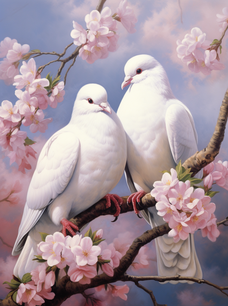 Two White Doves Pink Blossoms Diamond Art Kit