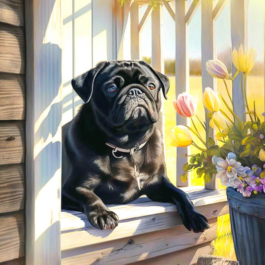 Black Pug Flowers Diamond Art Kit