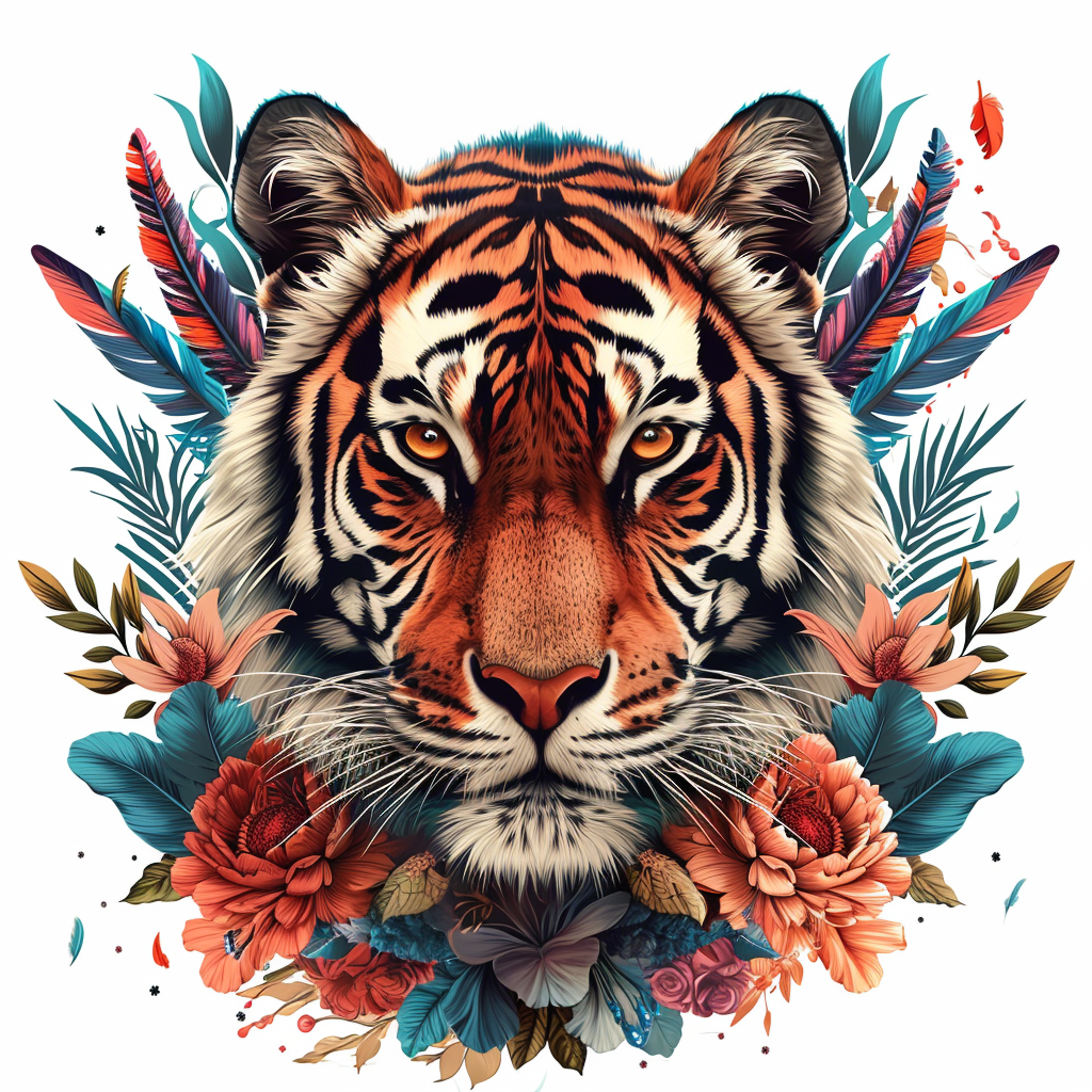 Orange Tiger Feather And Flowers Diamond Art Kit