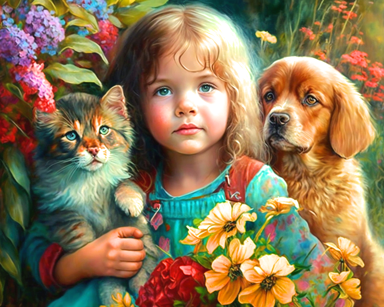 Girl With Puppy And Kitten Diamond Art Kit