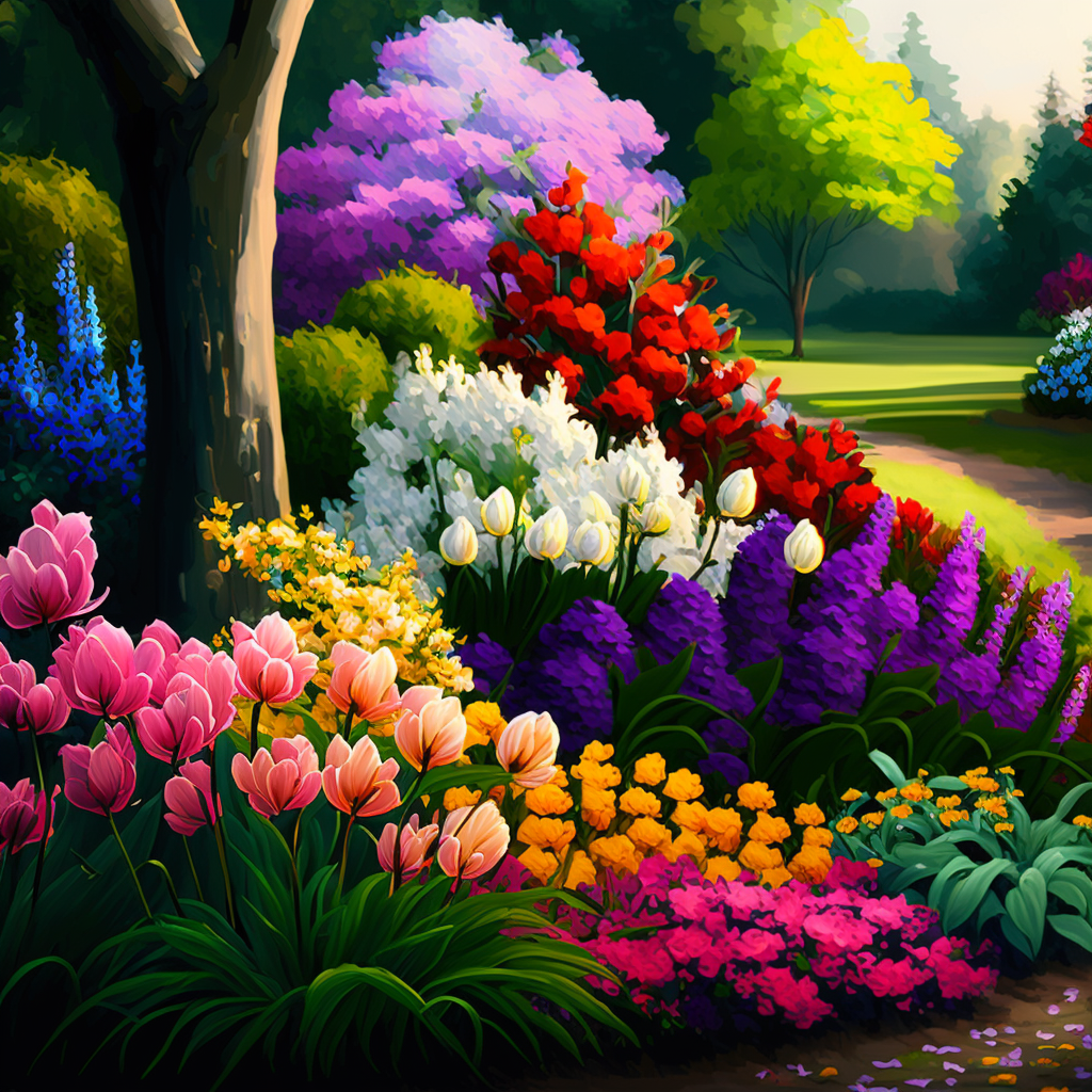 Bright Flowers Under A Tree Diamond Art Kit