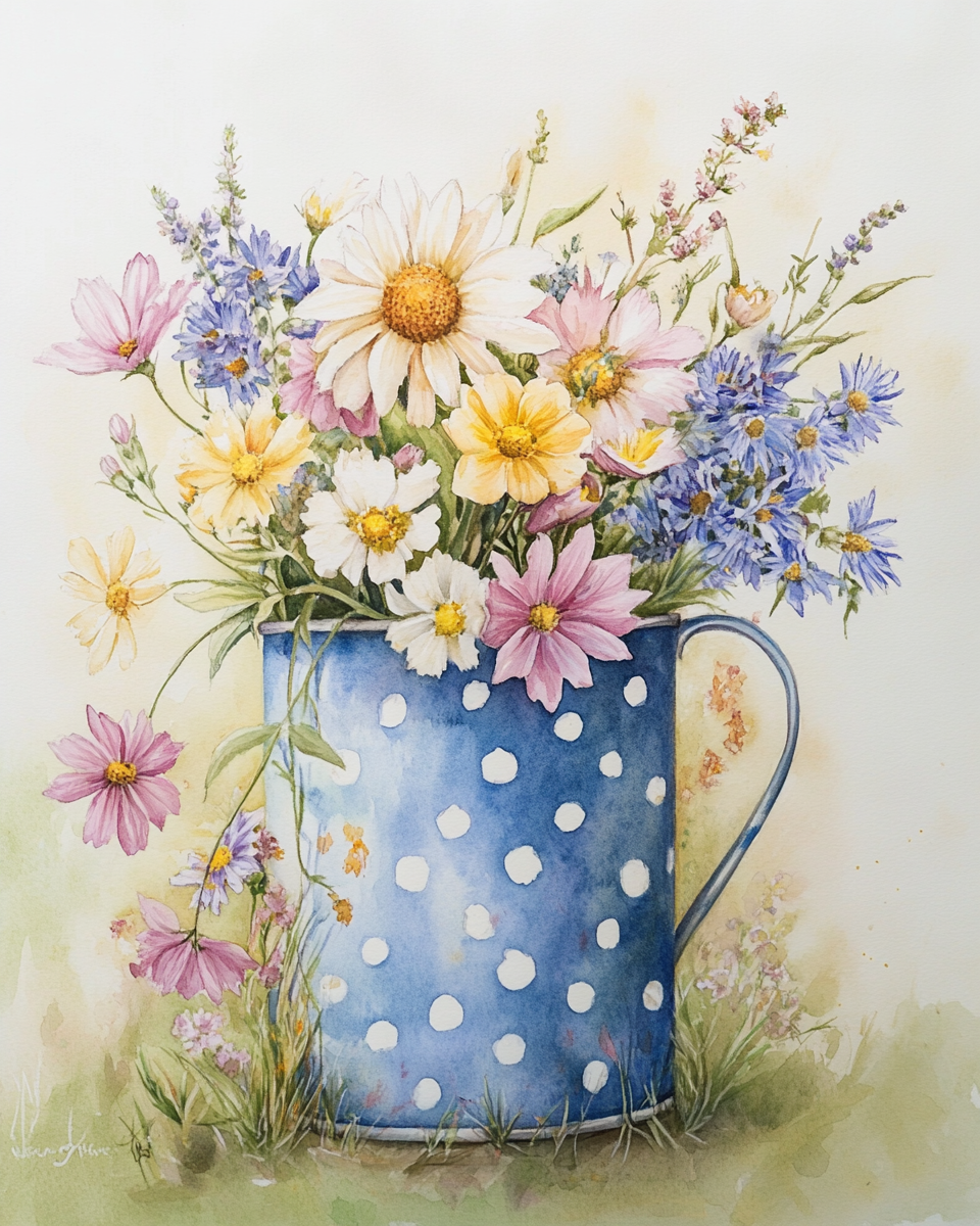 White Polkadot Pitcher Of Flowers Diamond Art Kit
