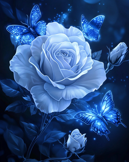 Blue Rose And Bud Blue Butterflies Diamond Art Kit