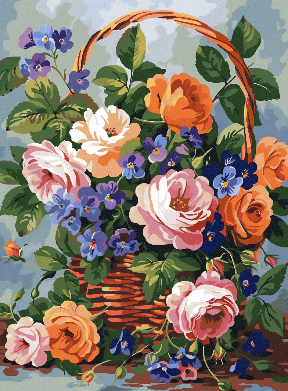 Pink Orange Blue Flowers In A Basket Diamond Art Kit