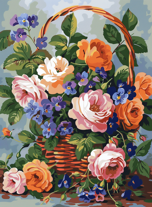 Pink Orange Blue Flowers In A Basket Diamond Art Kit