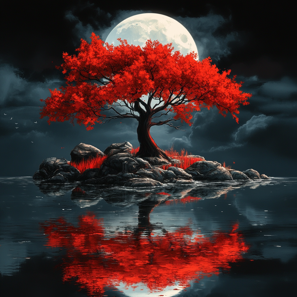 Clouded Sky Full Moon Red Tree Diamond Art Kit