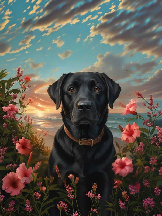 Tropical Sunset Black Labrador Retriever Diamond Art Kit