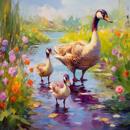 Goose And Goslings Flowers Path Diamond Art Kit
