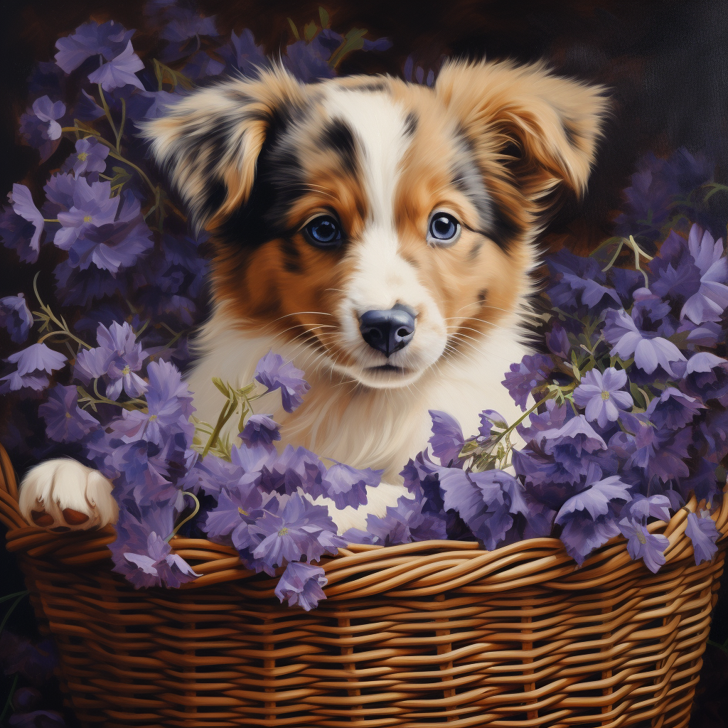 Australian Shepherd Puppy Flower Basket Diamond Art Kit