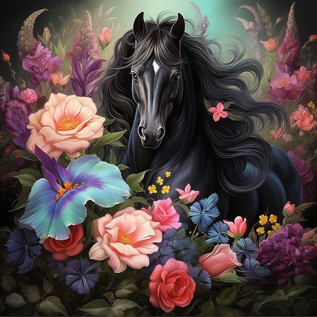 Flowing Mane Black Stallion Flowers Diamond Art Kit