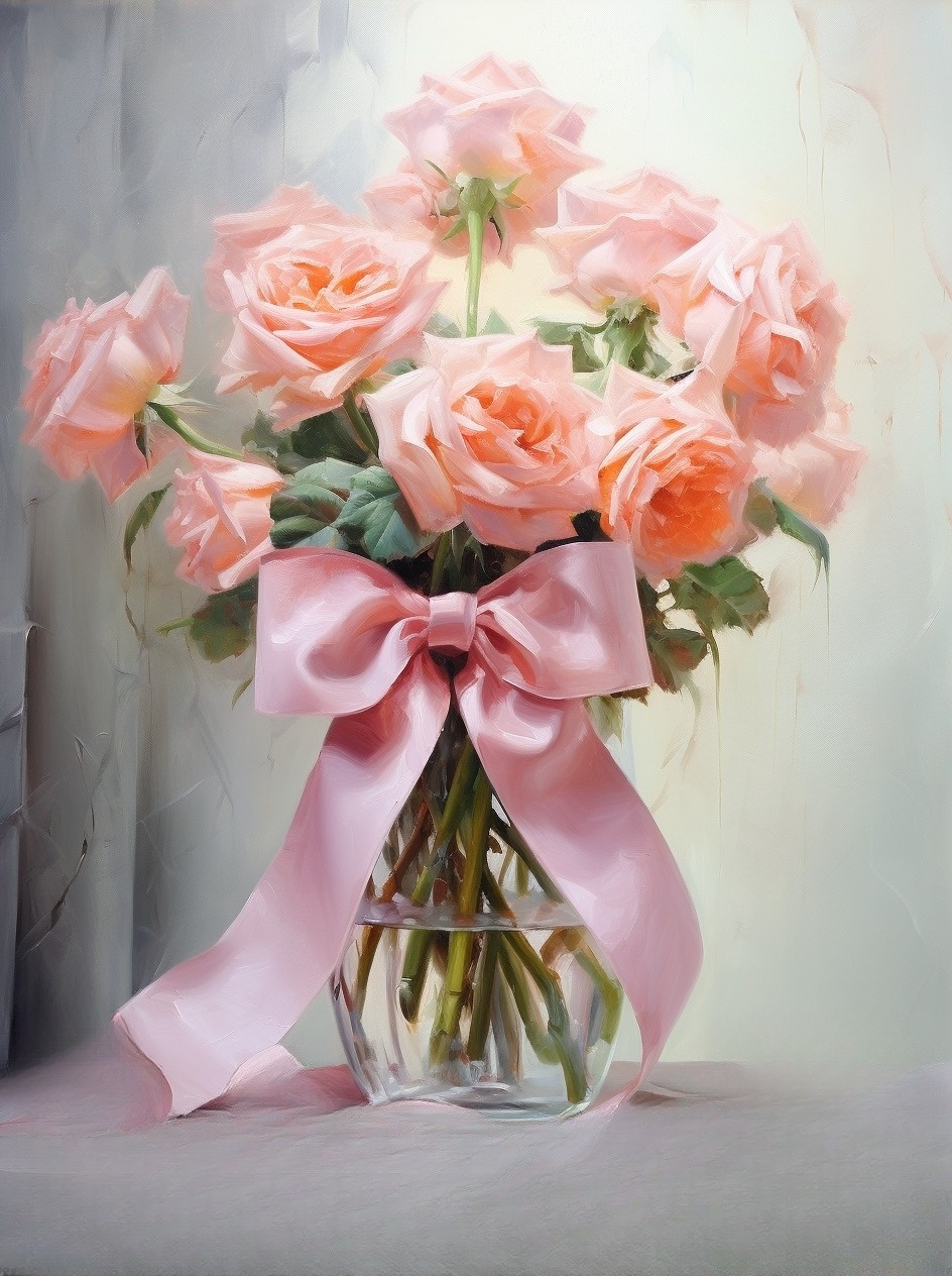 Pink Ribbon Peach Roses Diamond Art Kit