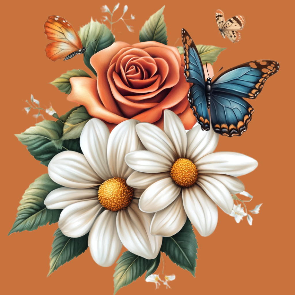 Rose Two Daisies Butterflies Diamond Art Kit