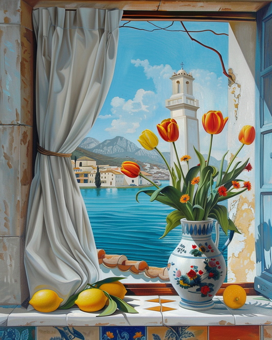 Open Window Red And Orange Tulips Diamond Art Kit