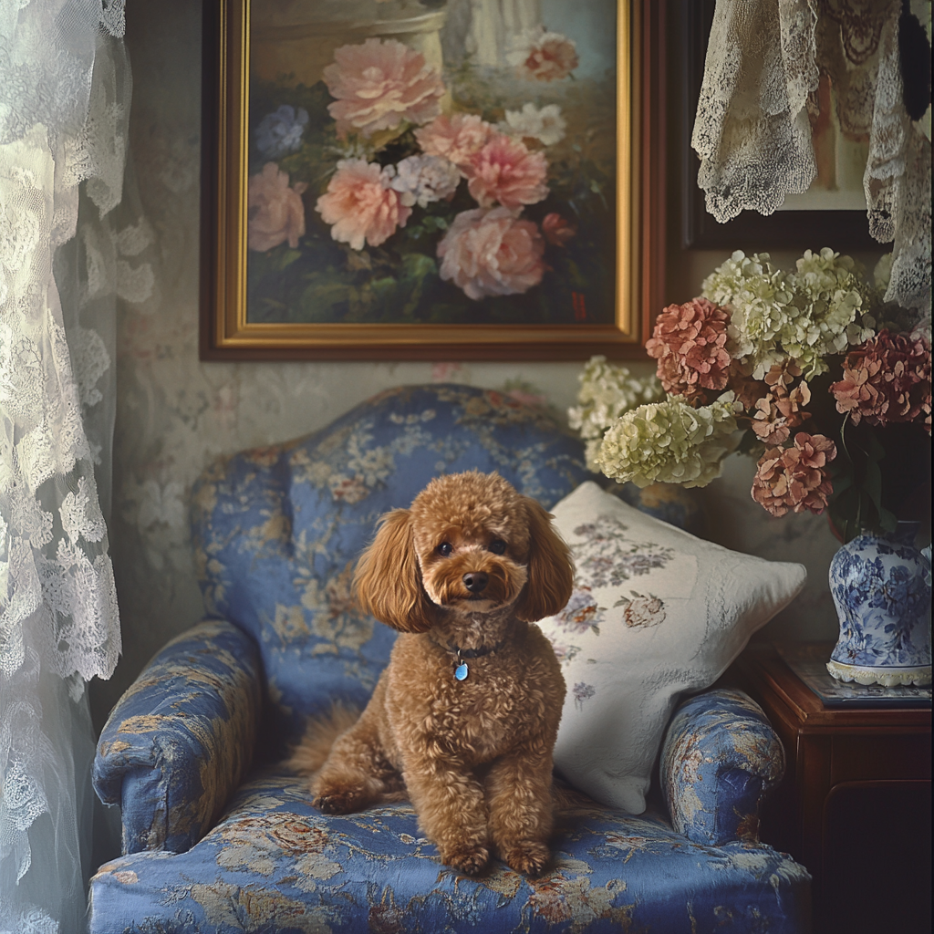 Blue Flower Armchair Chocolate Poodle Diamond Art Kit