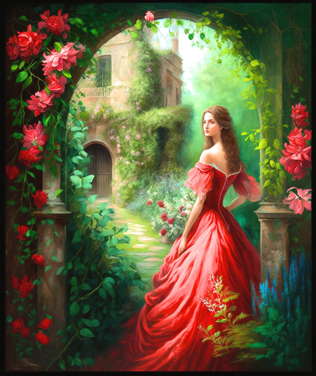 Red Dress Woman Archway Diamond Art Kit