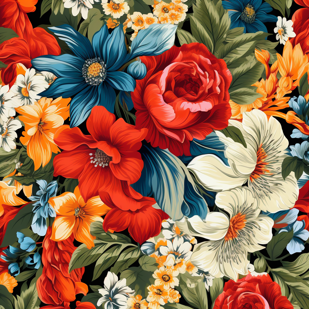 Red Cream Blue Flower Pattern Diamond Art Kit