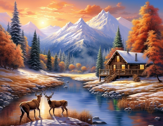 Mountain Cabin Two Bucks Diamond Art Kit