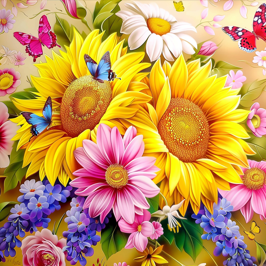 Two Yellow Flowers And Butterflies Diamond Art Kit
