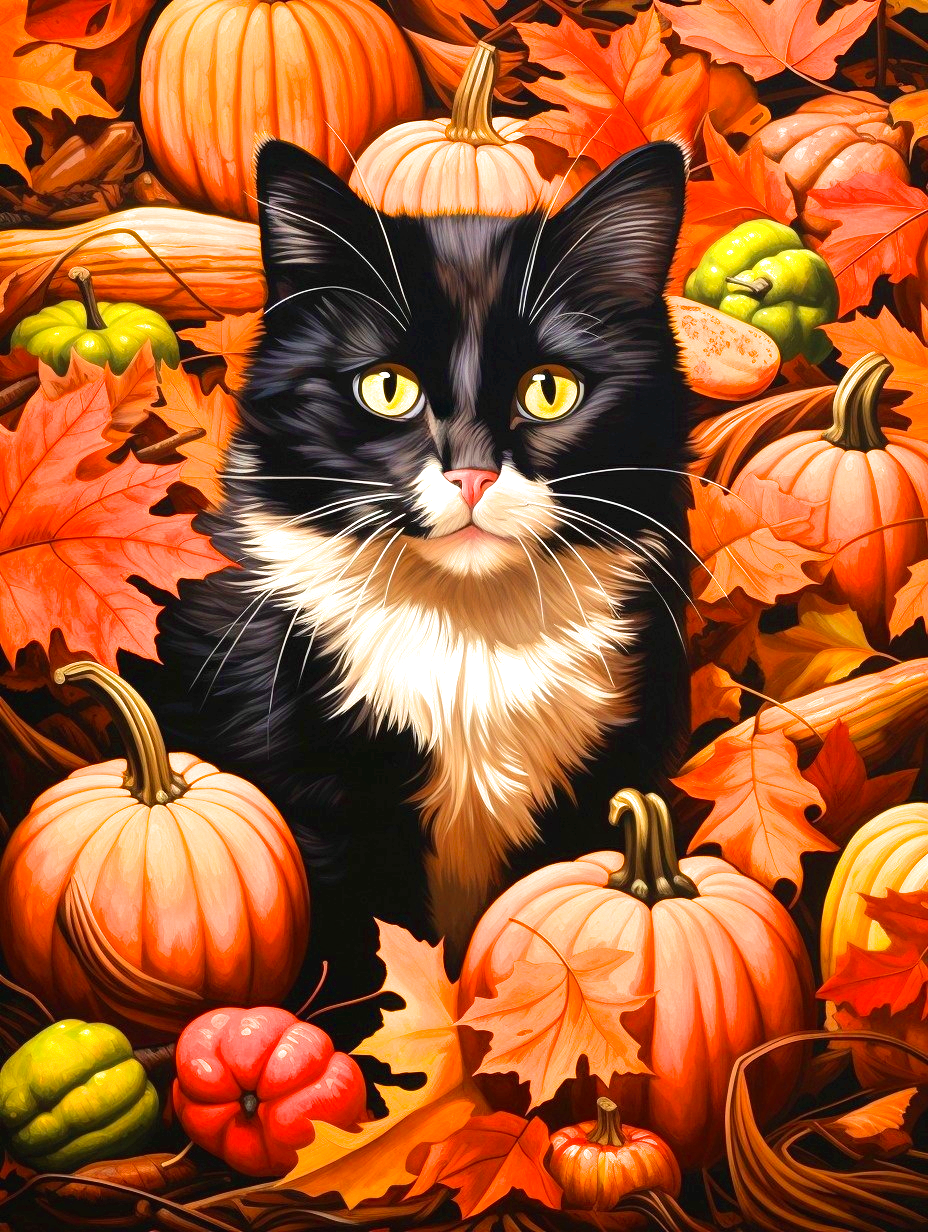 Black White Cat Pumpkins Diamond Art Kit