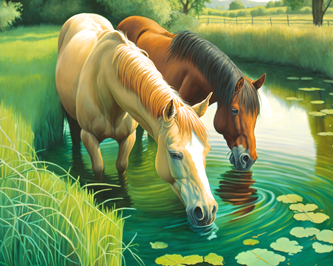 Horses At The Pond Diamond Art Kit