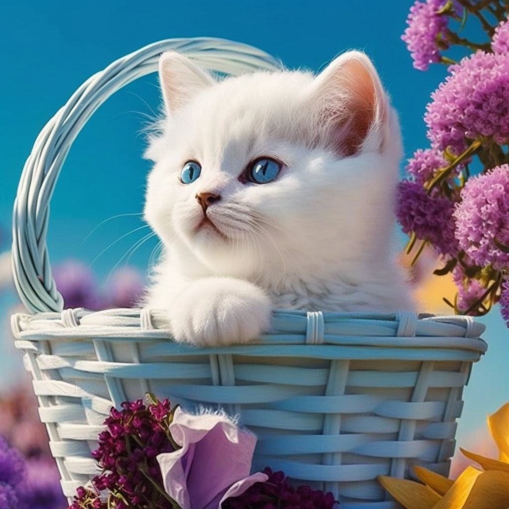White Kitten Blue Basket Diamond Art Kit