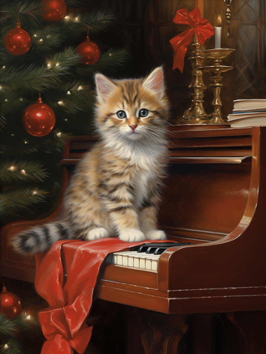 Striped Kitten Old Piano Diamond Art Kit