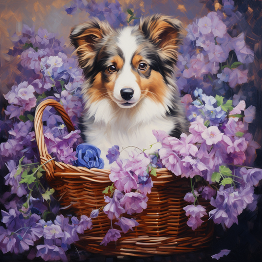 Purple Flower Australian Shepherd Flower Basket Diamond Art Kit