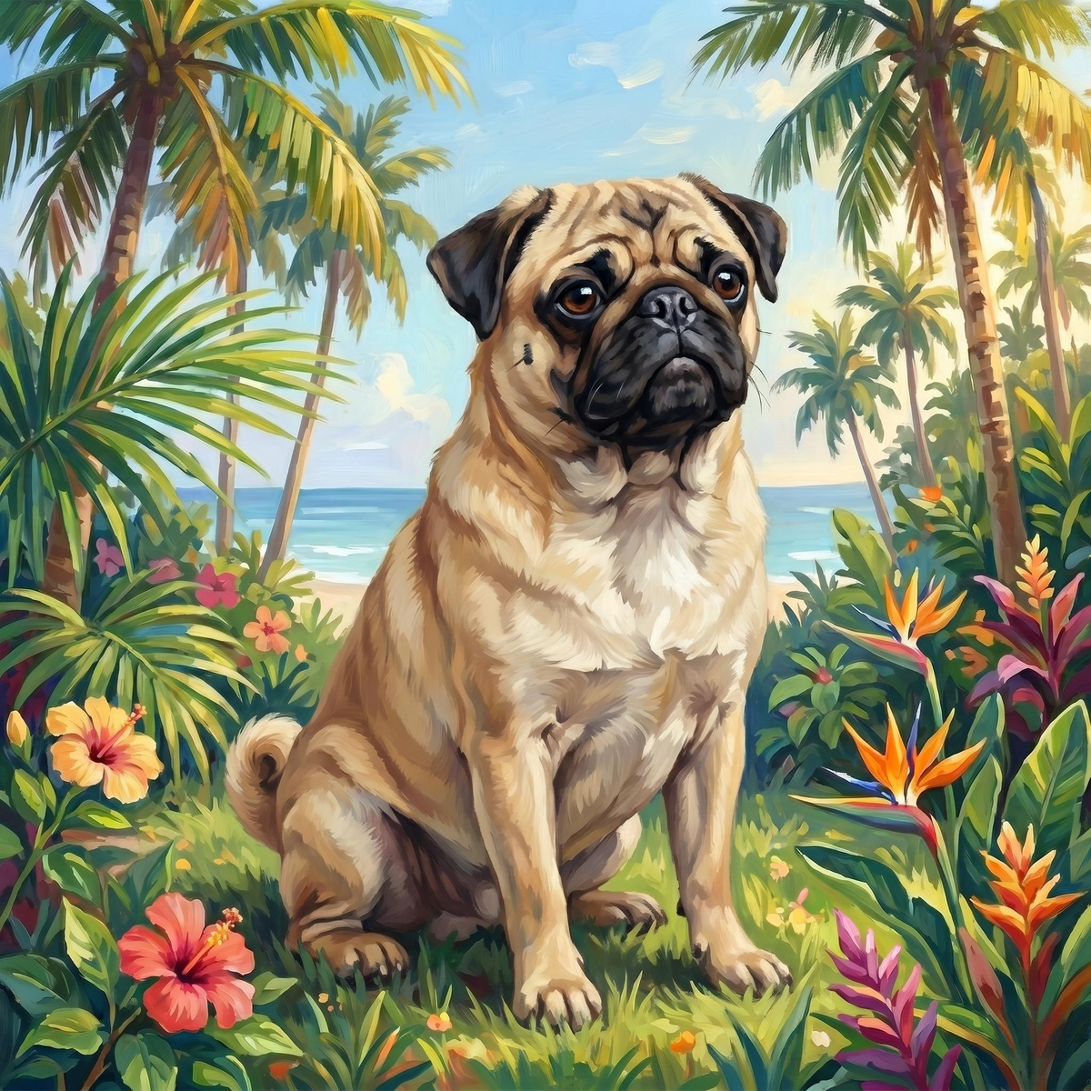 Palm Tree Summer Pug Diamond Art Kit