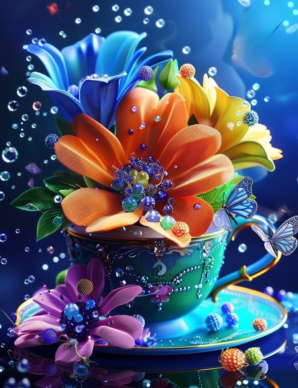 Green Teacup Flowers Diamond Art Kit