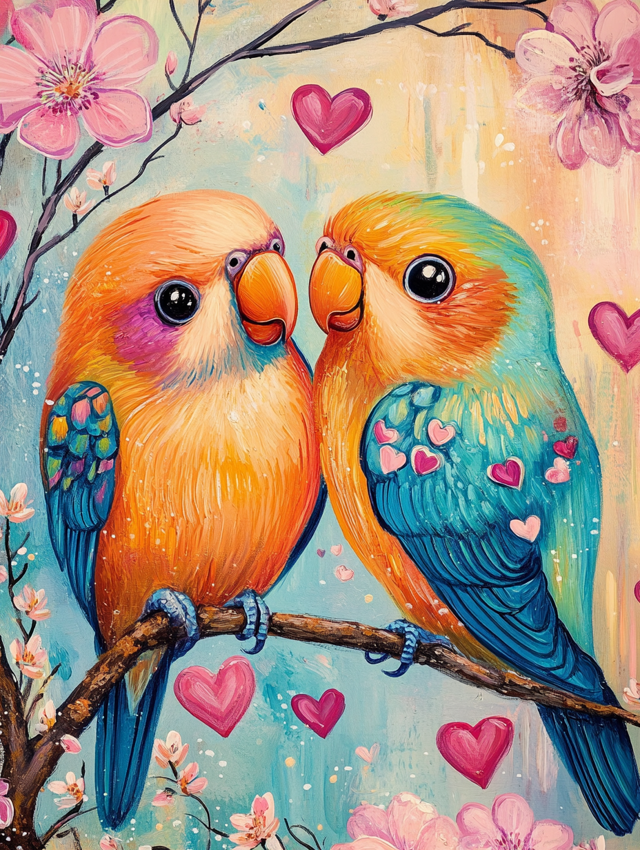 Pink Flower Birds And Hearts Diamond Art Kit