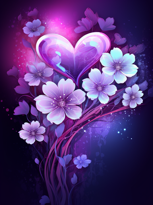 Heart And Purple And White Flowers Diamond Art Kit