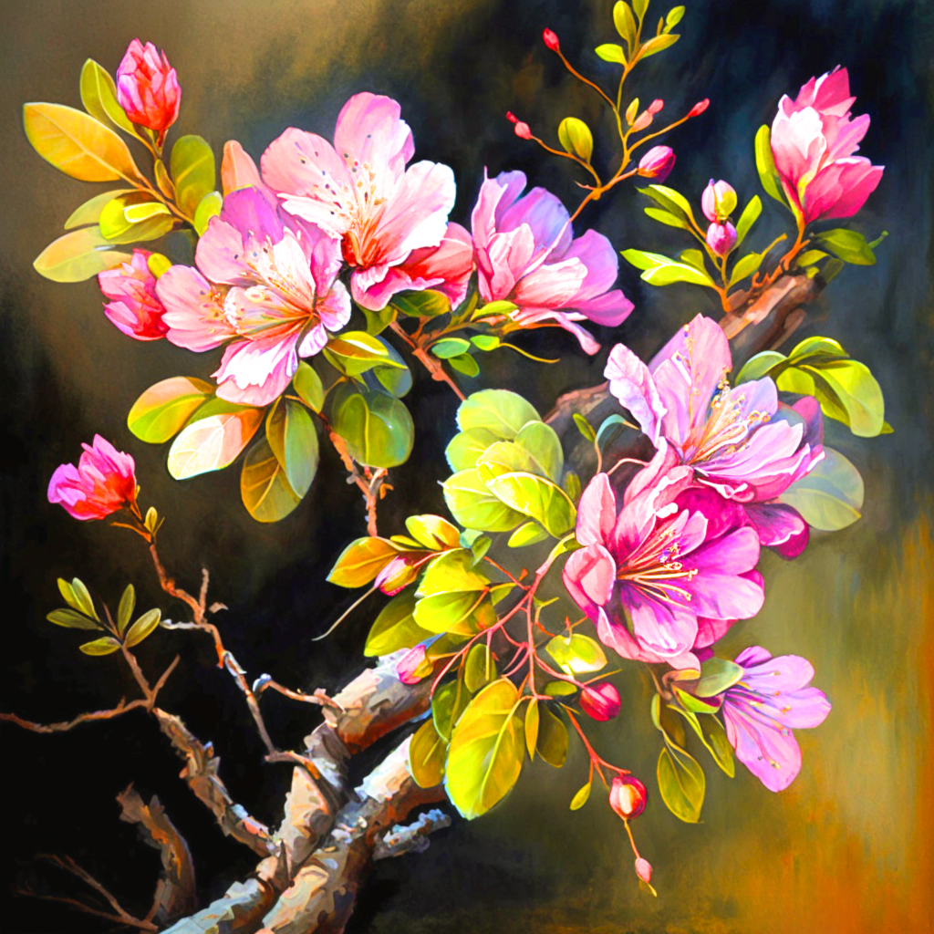 Green Leaves Pink Blossom Branch Diamond Art Kit