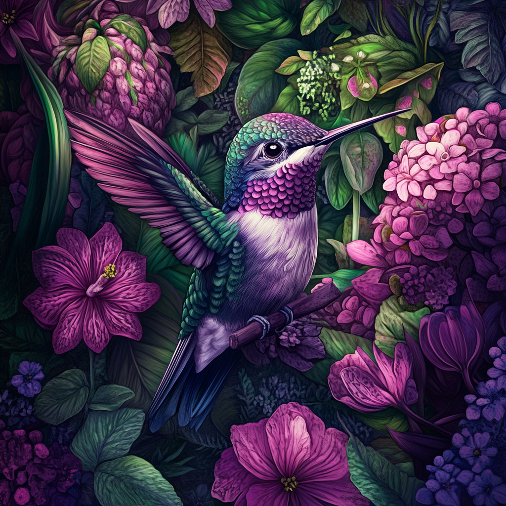 Purple Flower Perched Hummingbird Diamond Art Kit