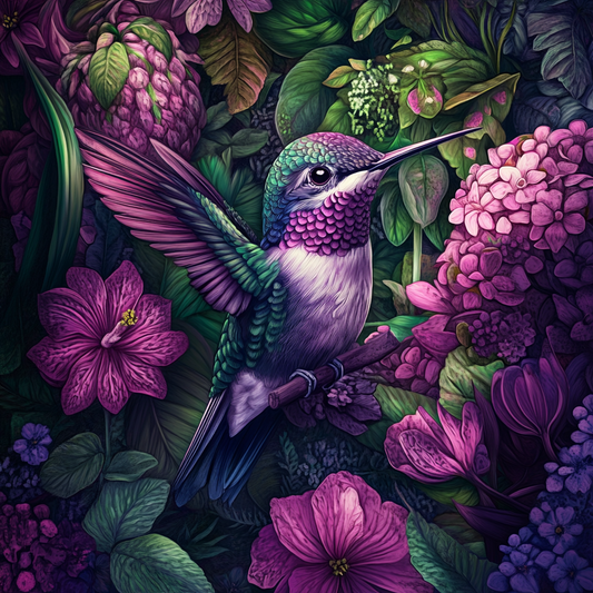 Purple Flower Perched Hummingbird Diamond Art Kit