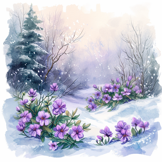 Purple Flowers In The Snow Diamond Art Kit