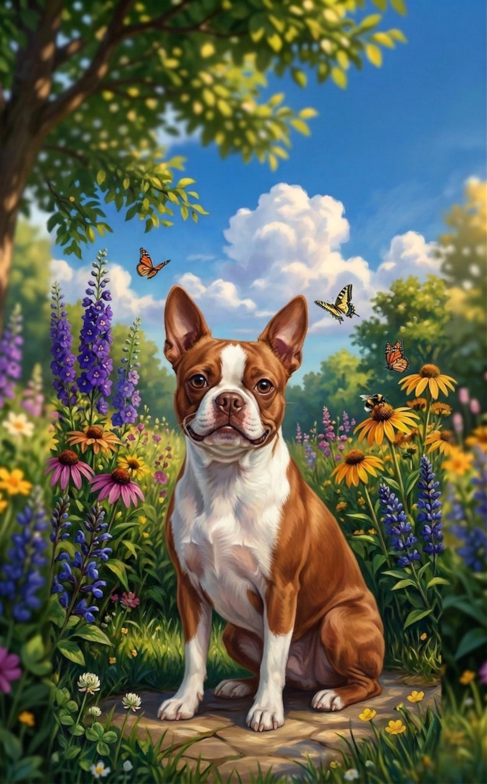 Spring Flowers Red Boston Terrier Diamond Art Kit