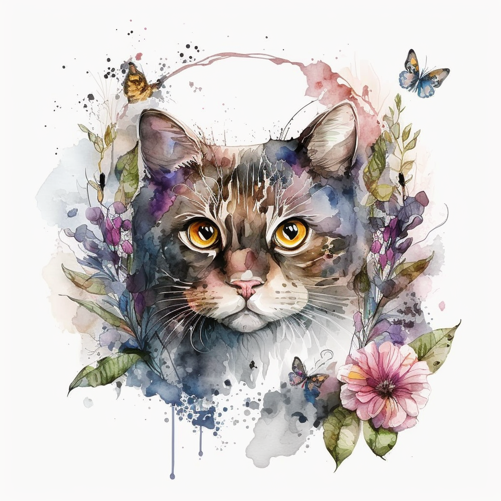 Purple Flower Cat Watercolor Diamond Art Kit