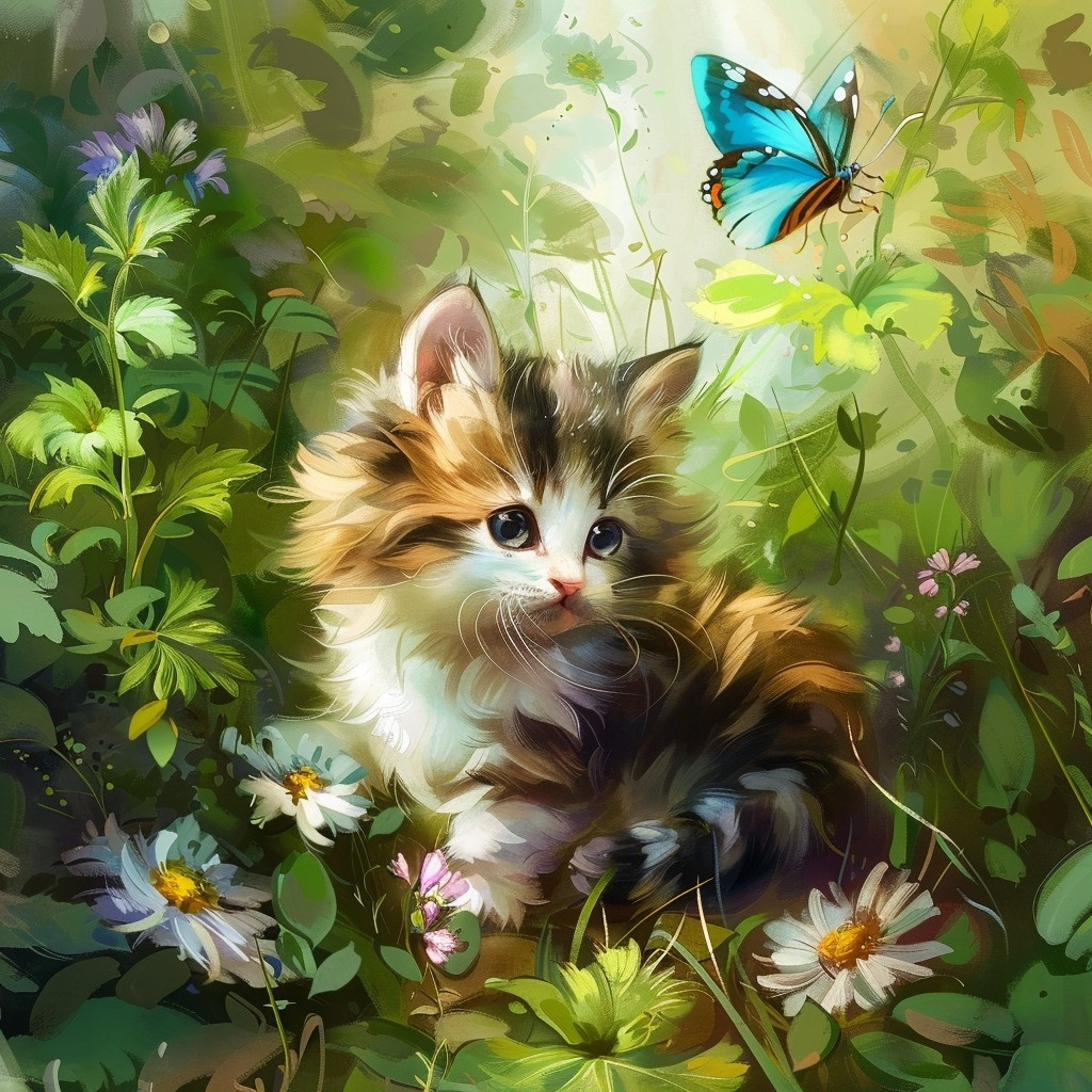 Flying Blue Butterfly Kitten Diamond Art Kit
