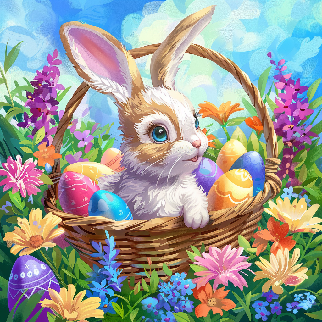 White Brown Rabbit Easter Basket Diamond Art Kit