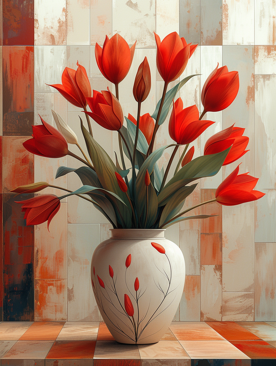 Cream Vase Red Tulips Diamond Art Kit