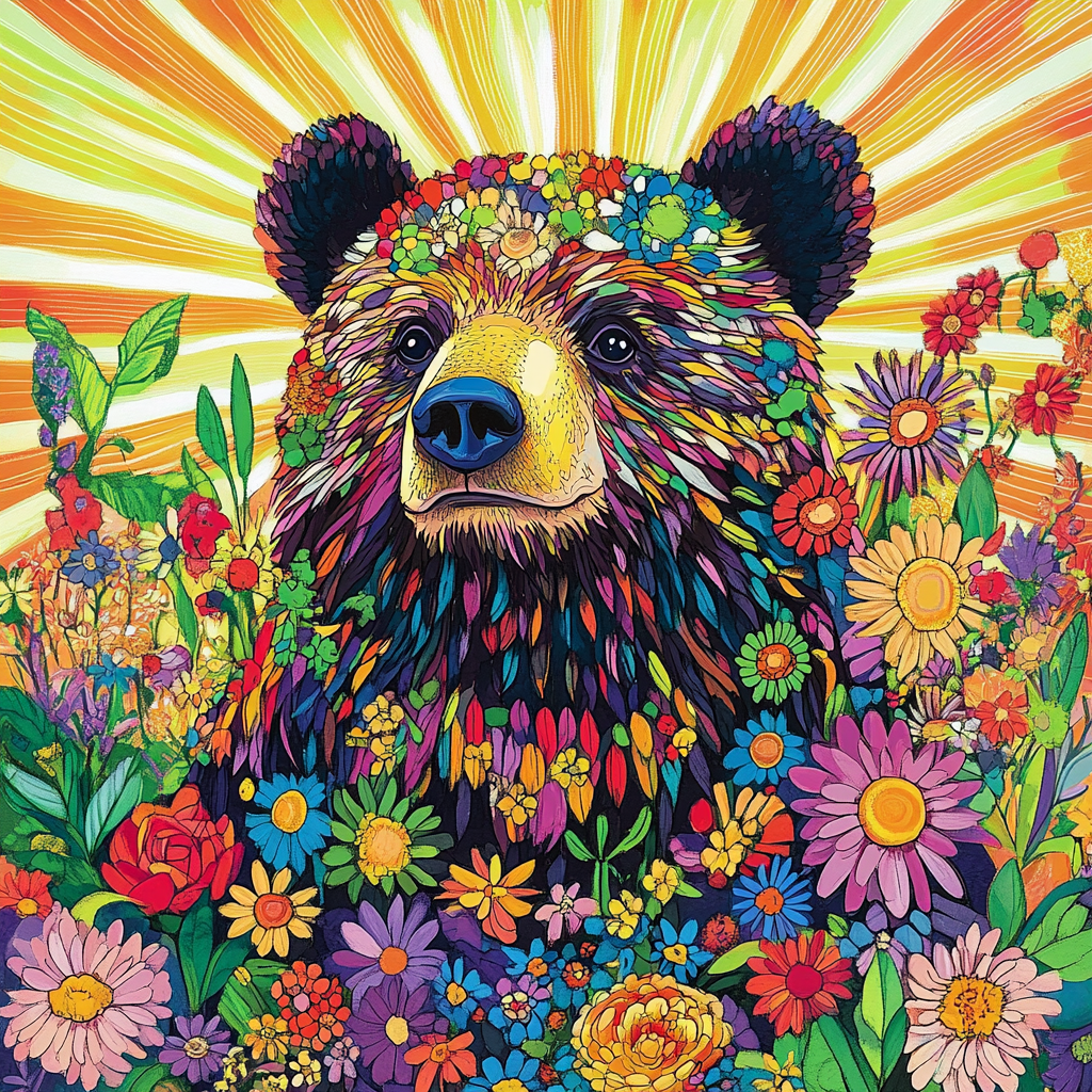 Colorful Fur Brown Bear Flowers Diamond Art Kit