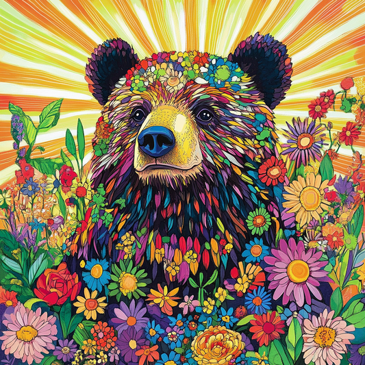 Colorful Fur Brown Bear Flowers Diamond Art Kit
