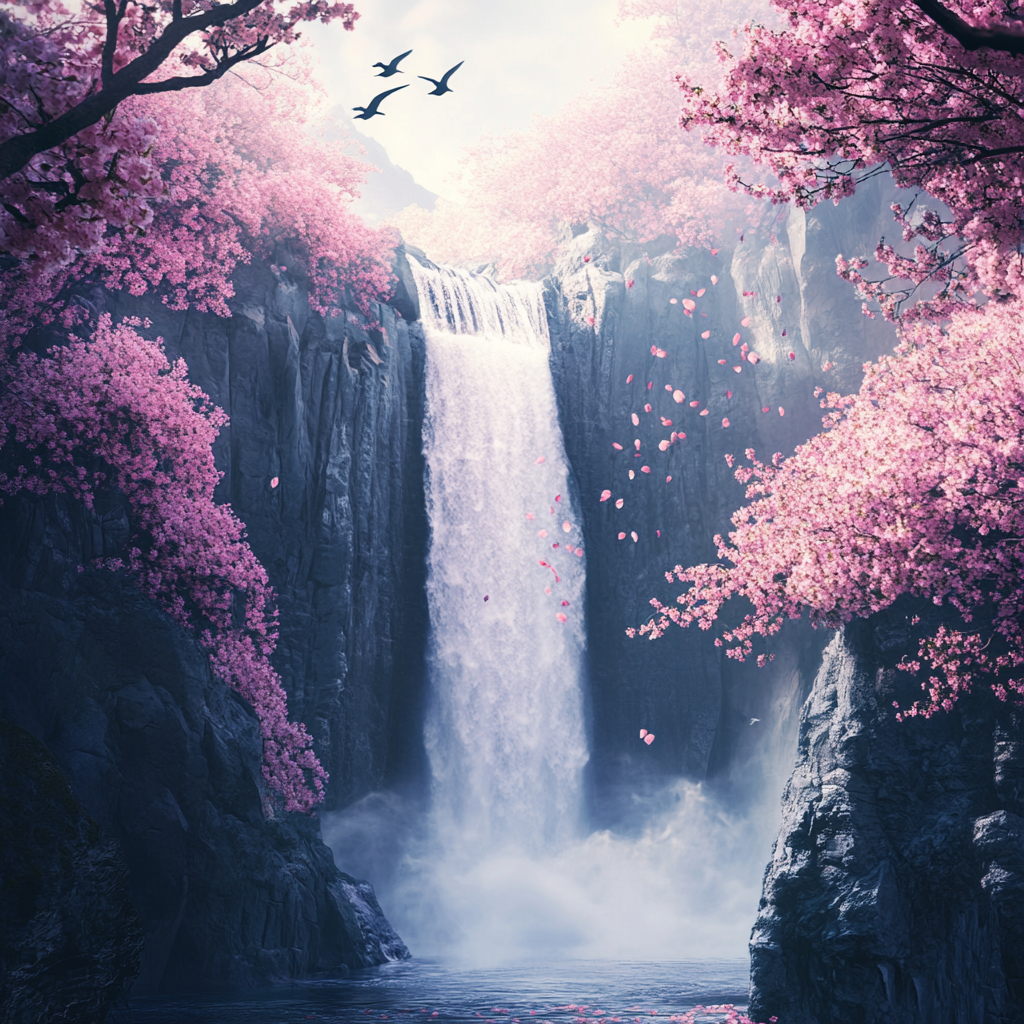 Pink Flower Trees Waterfall Diamond Art Kit