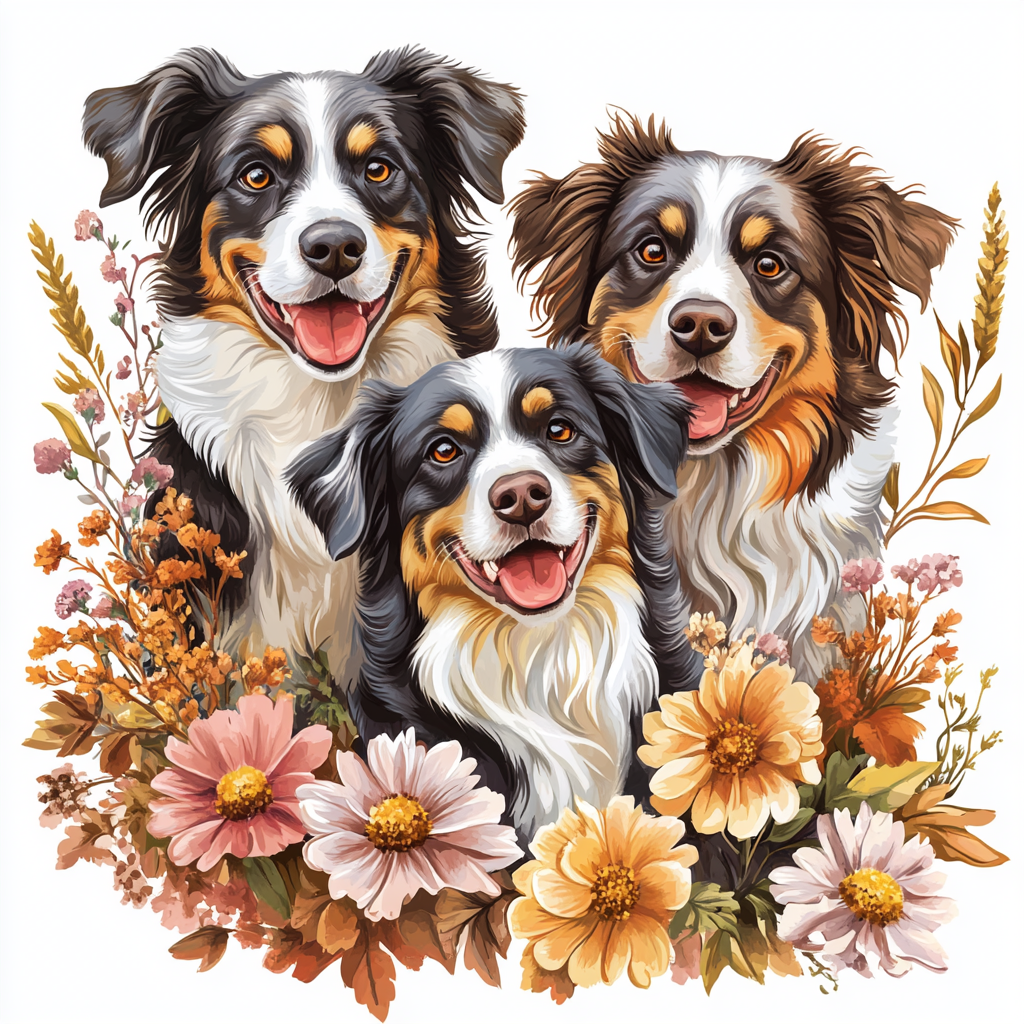 Three Australian Shepherds Flowers Diamond Art Kit