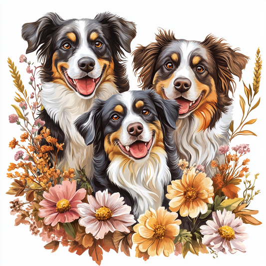 Three Australian Shepherds Flowers Diamond Art Kit