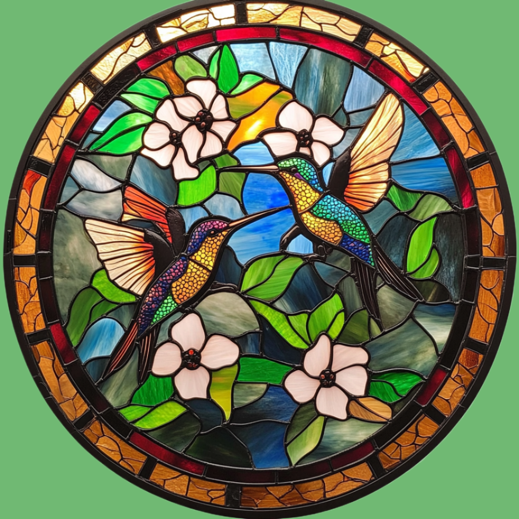 Two Abstract Hummingbirds And Flowers Circle Diamond Art Kit